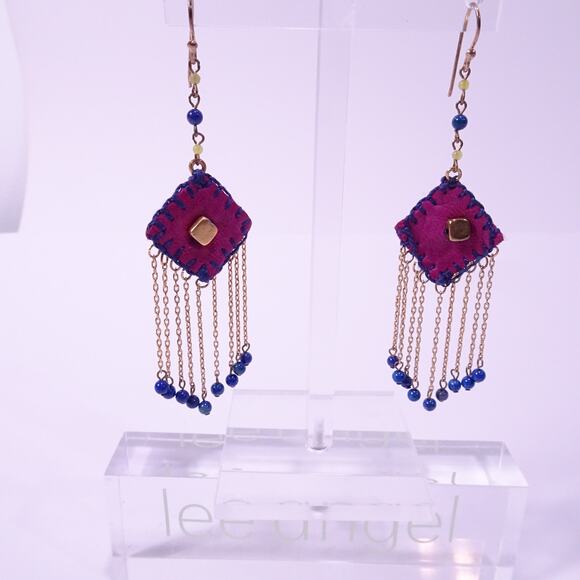 Lee Angel Neiman Marcus Purple Navy Leather Beaded Drape Earrings NWT 168 - Picture 6 of 8